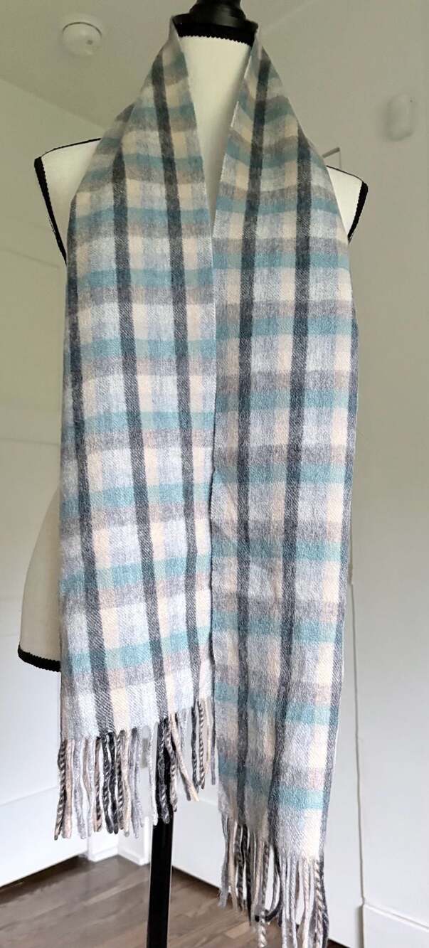 ISLANDER Scotland 100% Lambswool Plaid Tartan Fringe Scarf Teal Gray Beige